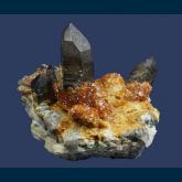 Spessartine garnet on Quartz (Smoky) with Orthoclase